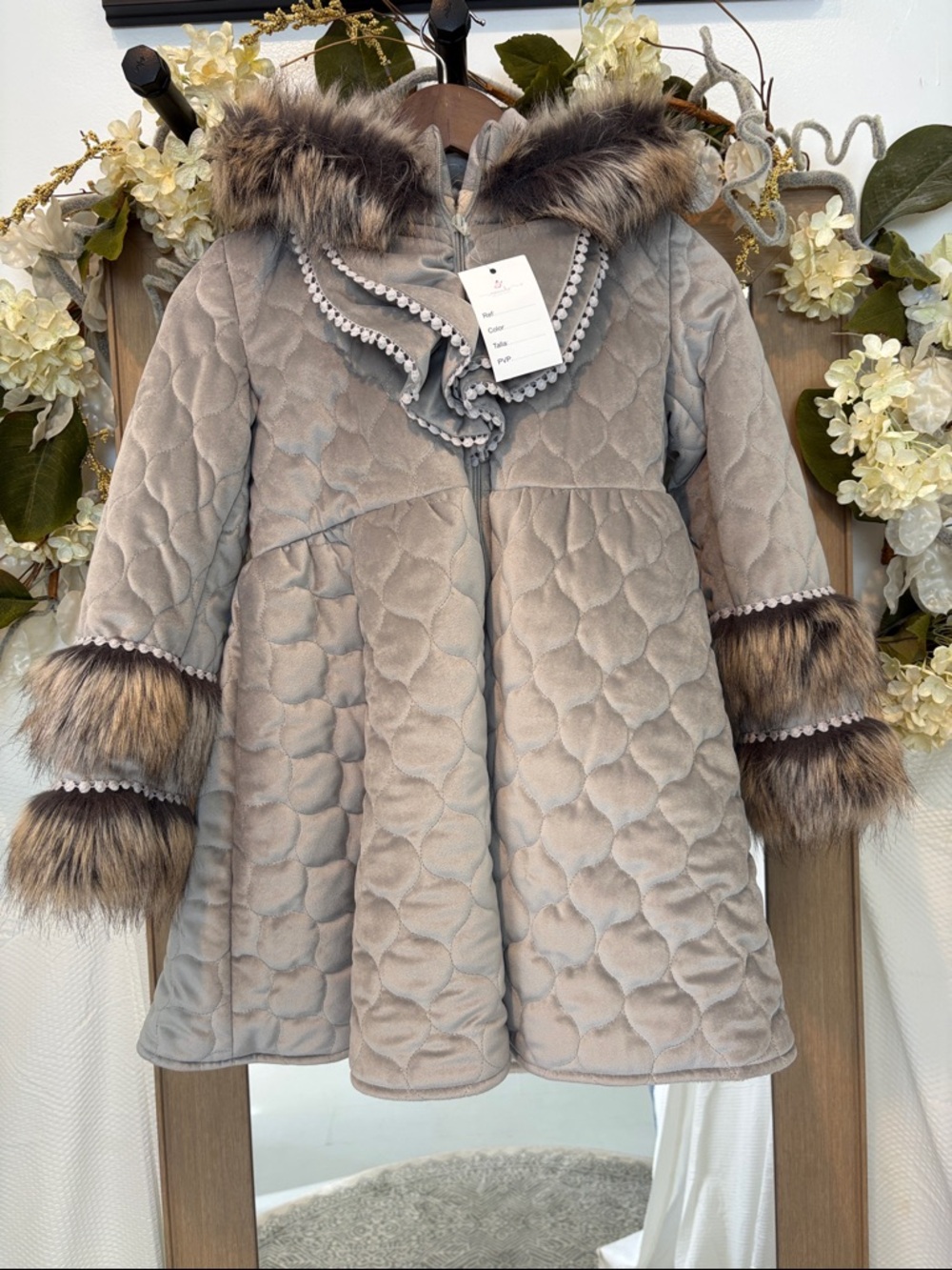 Girls' Quilted Light Gray Faux-Fur Trim Pea Coat